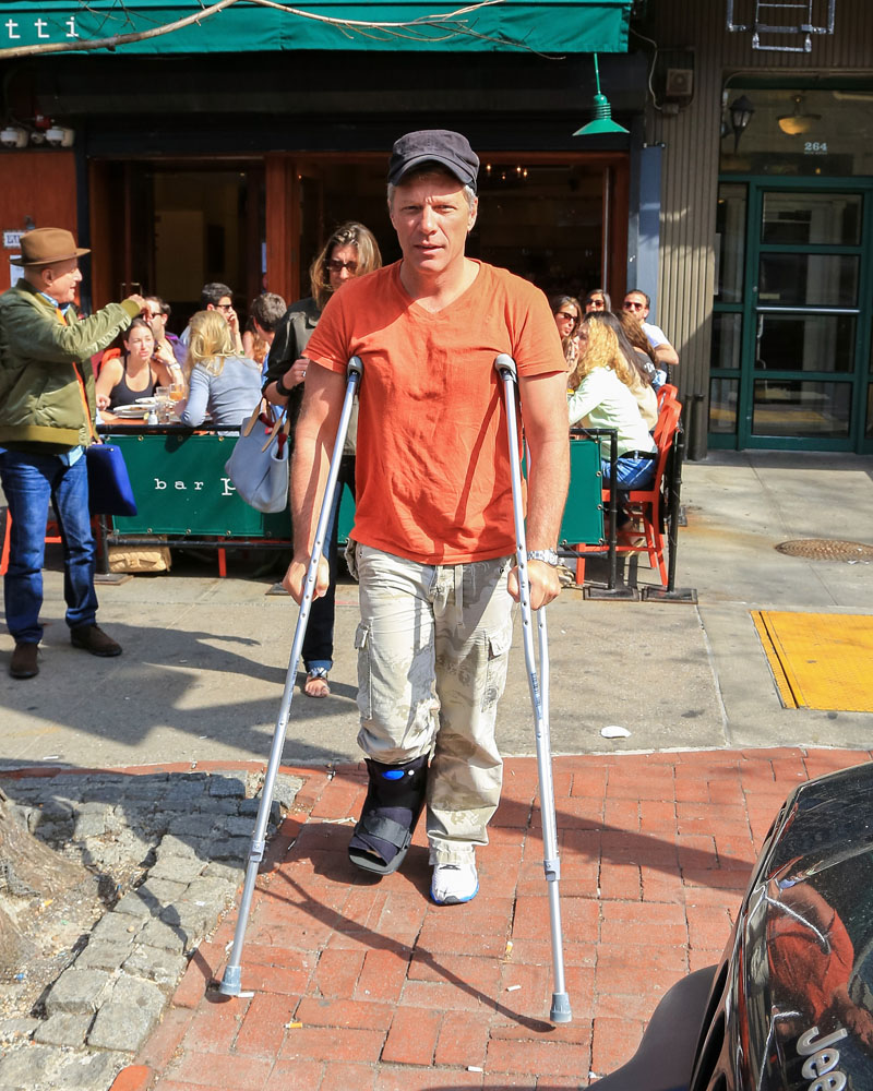 Jon Bon Jovi Is Seen Walking On Crutches And Appears To Have Broken Foot In New York City
