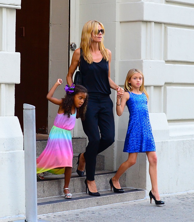 Heidi Klum and her daugters Lou Samuel and Leni Samuel both sport heels as they step out of Nobu restaurant with their supermodel mother in NYC