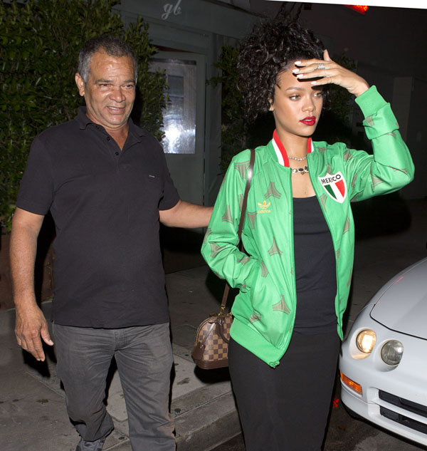 Rihanna wearing a 'Mexico' jacket was seen leaving her favorite Restaurant Giorgio Baldi with her father Ronald Fenty in Santa Monica, CA