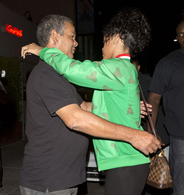Rihanna wearing a 'Mexico' jacket was seen leaving her favorite Restaurant Giorgio Baldi with her father Ronald Fenty in Santa Monica, CA