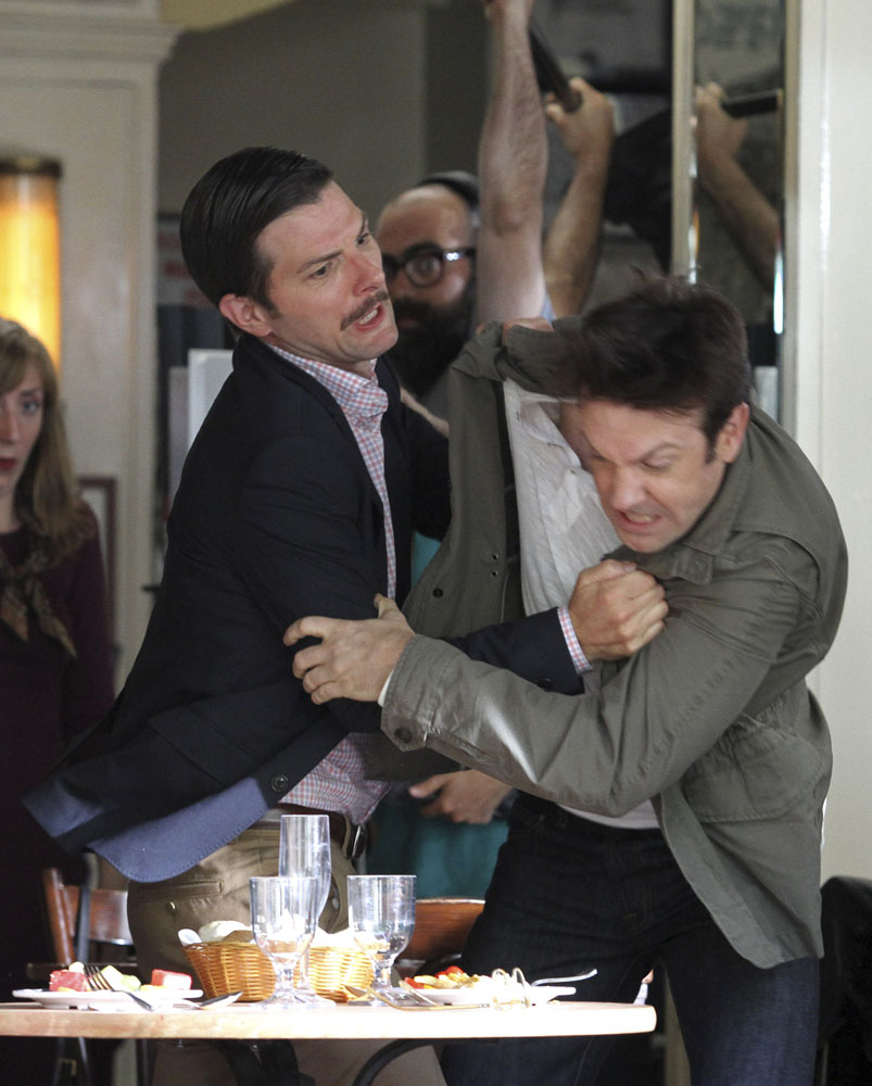 Jason Sudeikis and Adam Scott film a fighting scene at a restaurant for their upcoming movie "Sleeping with Other People" with co-star Amanda Peet in Manhattan, NYC