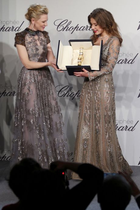 Actress Cate Blanchett and Trophy honoree actress Adele Exarchopoulos pose at the Chopard Trophee 2014 ceremony during the 67th Cannes Film Festival in Cannes