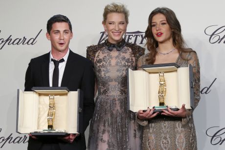 Actress Cate Blanchett and Trophy honorees actress Adele Exarchopoulos and actor Logan Lerman pose at the Chopard Trophee 2014 ceremony during the 67th Cannes Film Festival in Cannes
