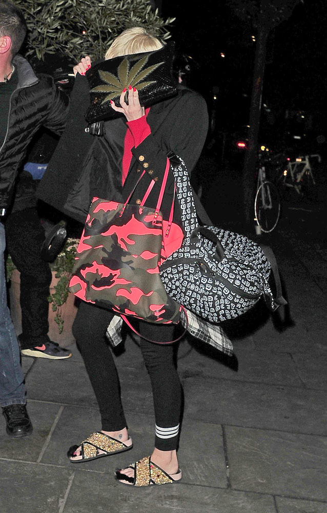 Miley Cyrus covers her face with a cannabis leaf clutch bag