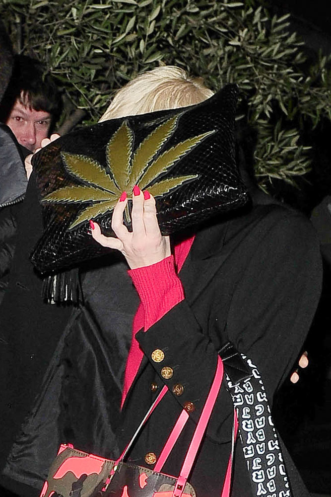 Miley Cyrus covers her face with a cannabis leaf clutch bag