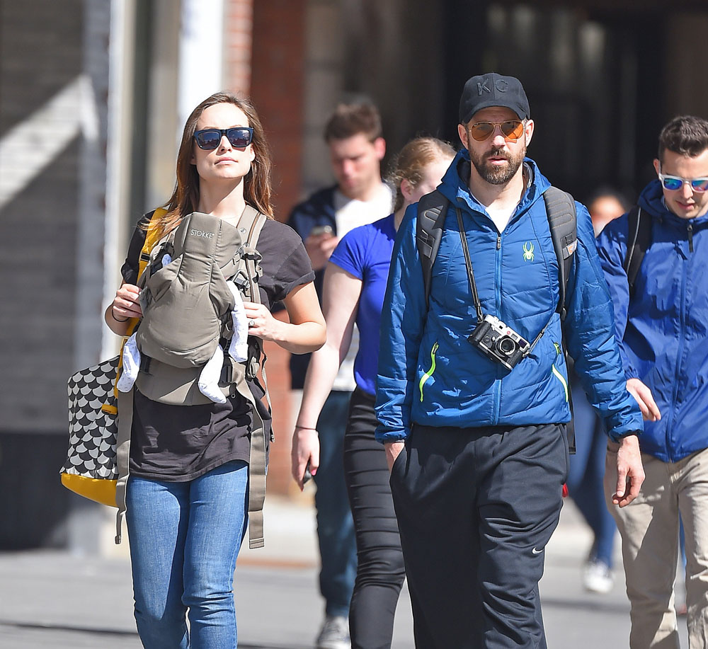 Olivia Wilde and Jason Sudeikis take their newborn son Otis for a walk in Meatpacking District, NYC