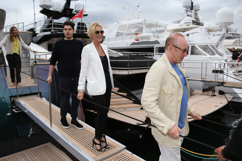 Sharon Stone arrives in Roberto Cavalli's yacht during the 67th Cannes Film Festival