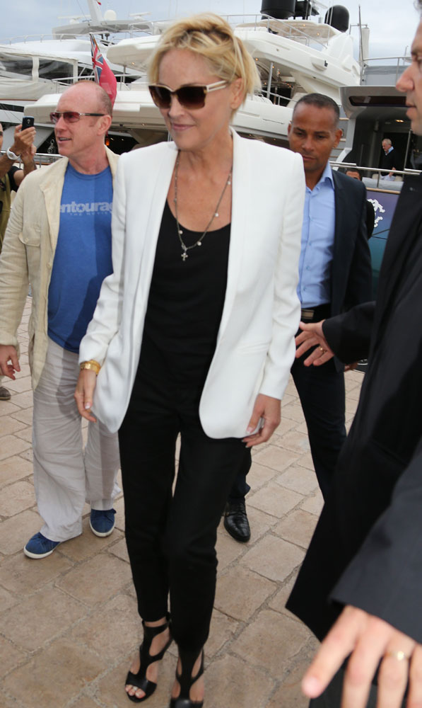 Sharon Stone arrives in Roberto Cavalli's yacht during the 67th Cannes Film Festival