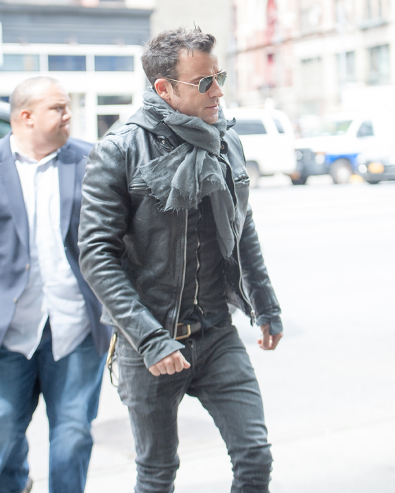 EXCLUSIVE: Justin Theroux arrives at his hotel wearing a leather jacket in New York City